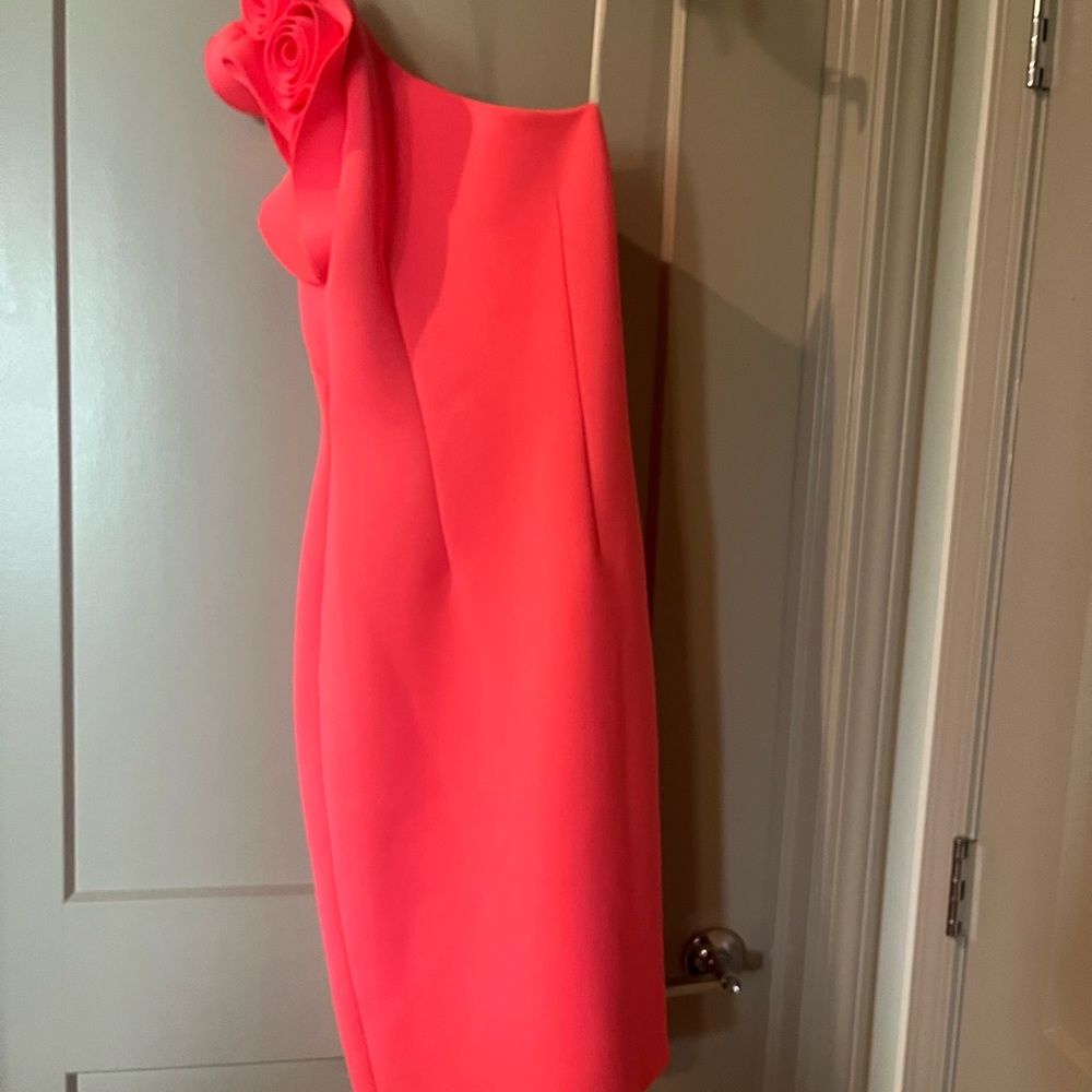Betsy & Adam Orange Pink Asymmetrical One-Shoulder Cocktail Dress